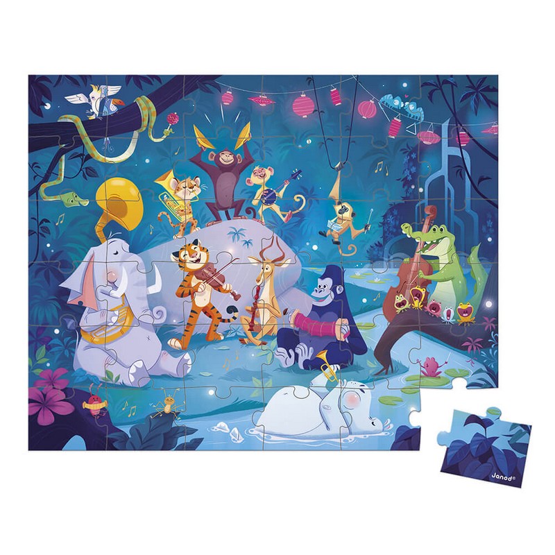 Puzzle dai 4 anni in su da 36 pezzi a tema festa estiva degli animali, contenuto in una valigetta facile da trasportare